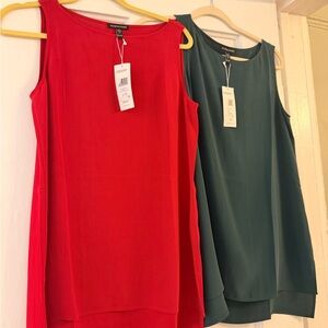 Eileen Fisher Red & Green Silk Bateu Neck Shell/Tanks
